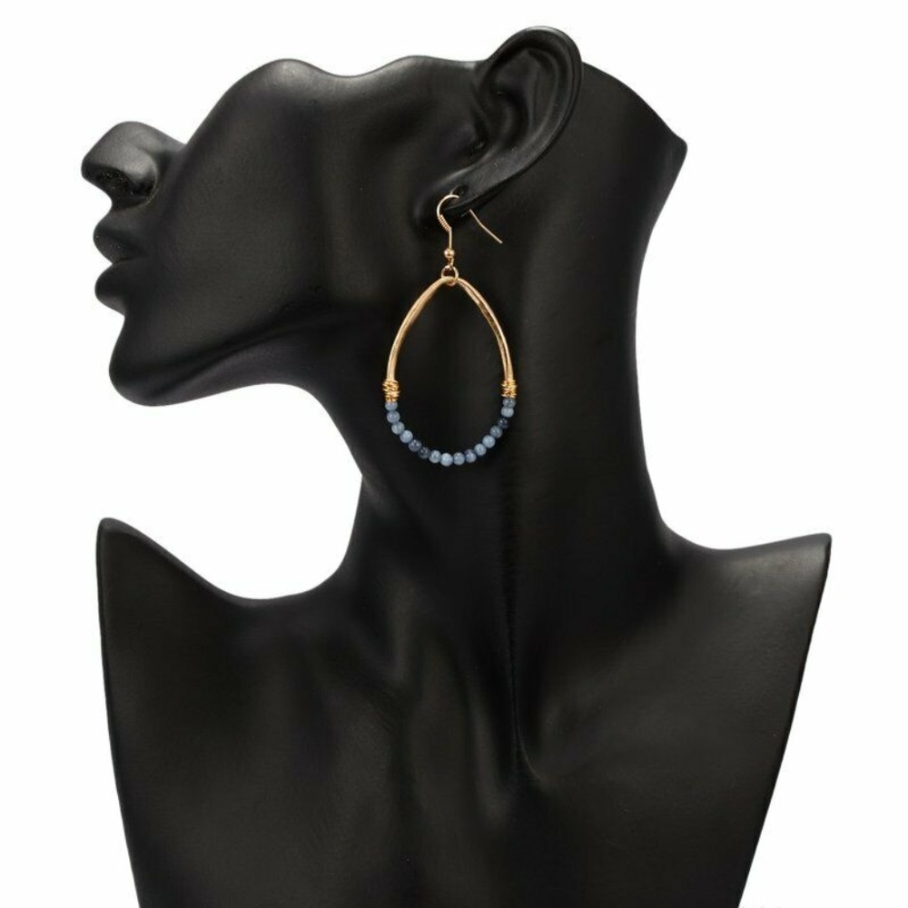Blue Beaded Wire Hoop Gold Oval Boho Chic Earrings - Picture 3 of 7